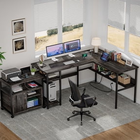 Homieasy Reversible L Shaped Desk with Magic Power Outlets and USB Charging Ports, Sturdy Corner Computer Desk with Storage Shelves, Gaming Table Home Office Desk, Easy to Assemble, Black Oak