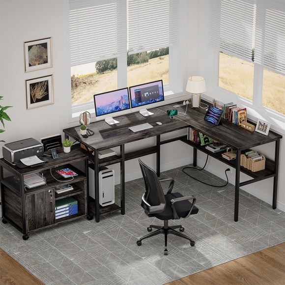 Homieasy Reversible L Shaped Desk with Magic Power Outlets and USB Charging Ports, Sturdy Corner Computer Desk with Storage Shelves, Gaming Table Home Office Desk, Easy to Assemble, Black Oak