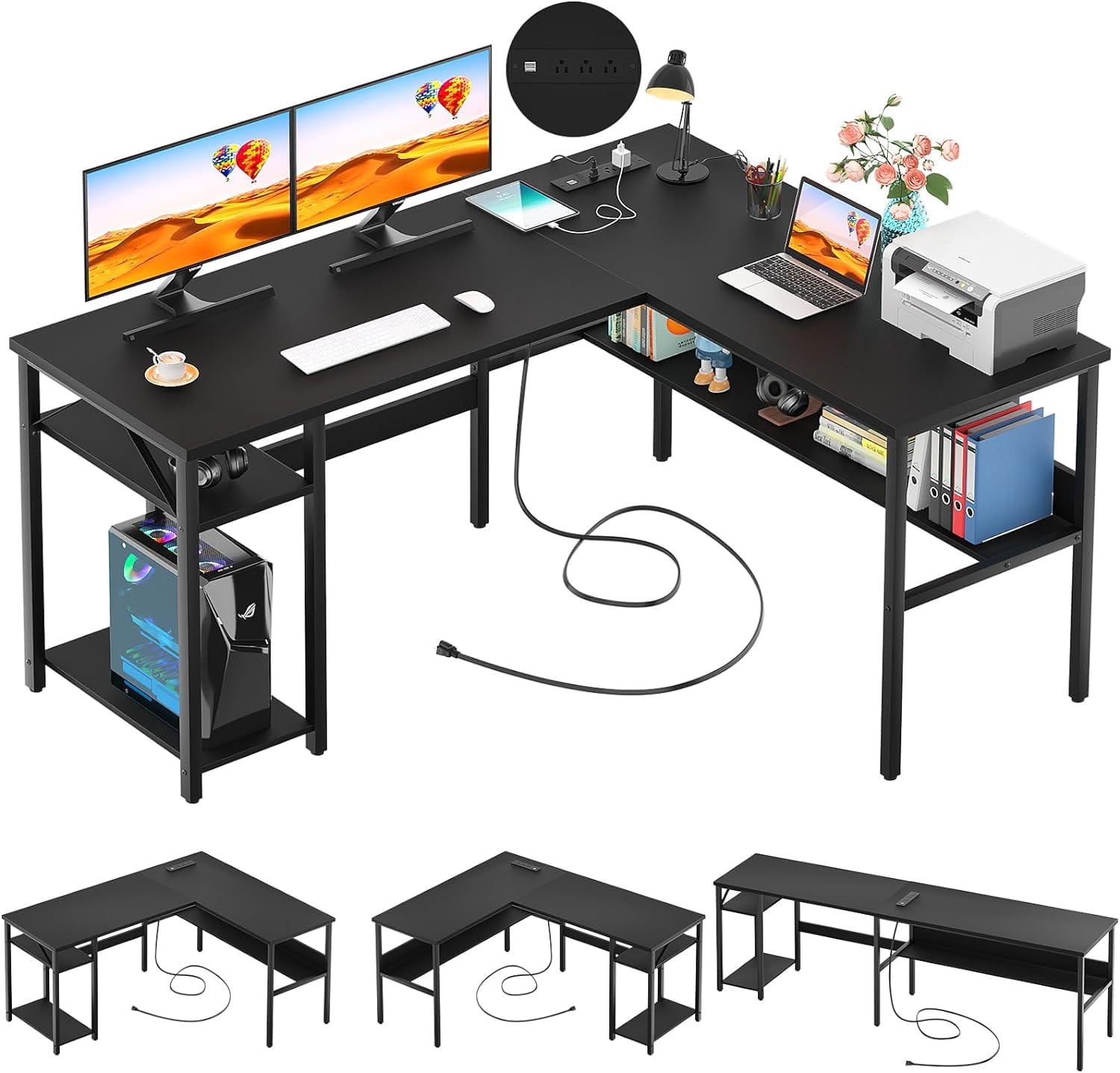 Black L-Shaped Gaming Desk with Power Outlets and USB Ports