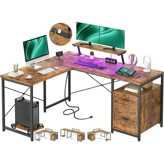 Homieasy Reversible L-Shaped Gaming Desk with Power Outlet & LED Light Strip, Home Office Computer Desk with Monitor Stand, File Drawer and Workstation,Rustic Brown