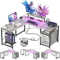 thumbnail image 1 of Homieasy Reversible L-Shaped Gaming Desk with Power Outlet & LED Light Strip, Home Office Computer Desk with Monitor Stand, File Drawer and Workstation,White Oak, 1 of 7