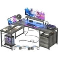 thumbnail image 1 of Homieasy Reversible L-Shaped Gaming Desk with Power Outlet & LED Light Strip, Home Office Computer Desk with Monitor Stand, File Drawer and Workstation,Gray Oak, 1 of 7