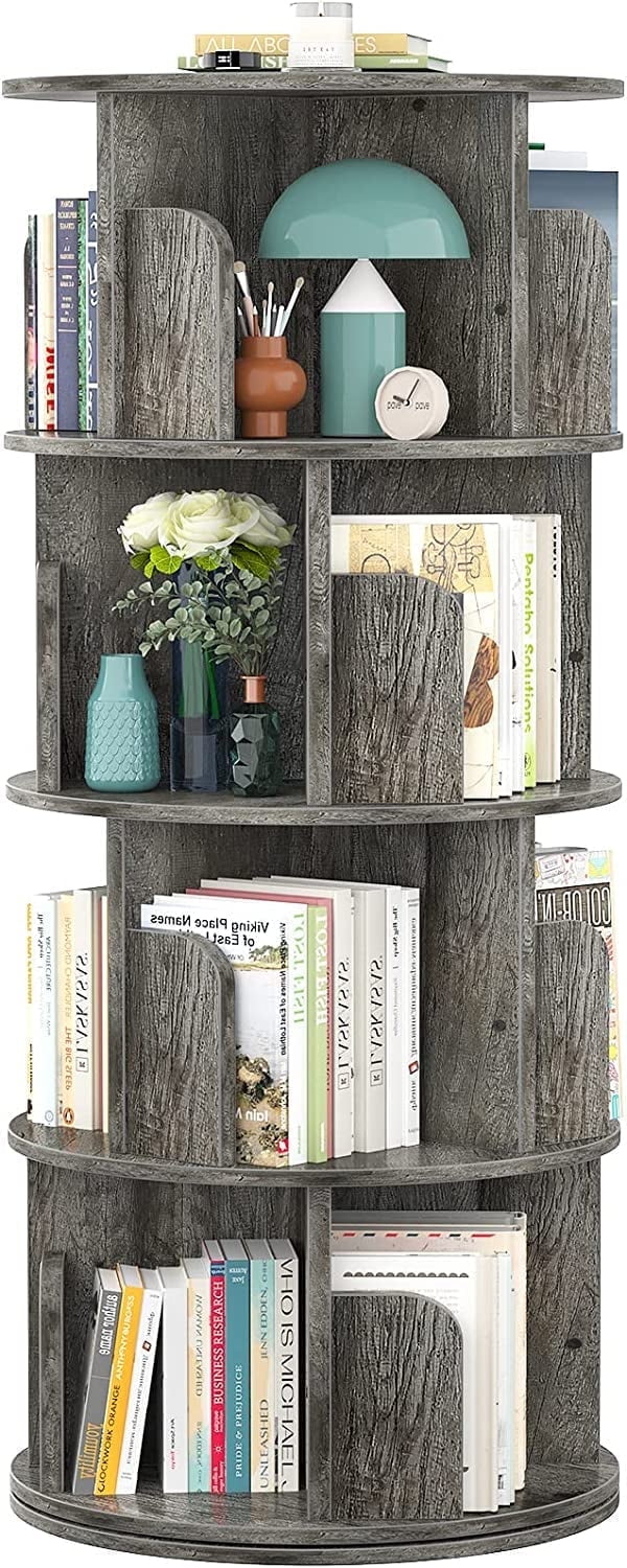 Homieasy Rotating Bookshelf, 360 Display Corner Bookshelf for Small Space, 4 Tier Floor Standing Bookcase Storage Rack, Wood Narrow Book Shelf Organizer for Bedroom, Living Room, Study Room, Grey Oak
