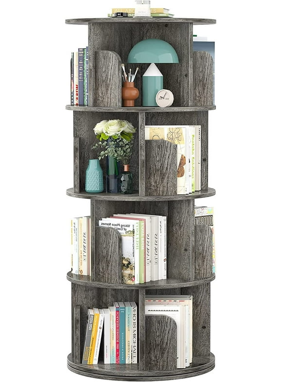 Homieasy Rotating Bookshelf, 360 Display Corner Bookshelf for Small Space, 4 Tier Floor Standing Bookcase Storage Rack, Wood Narrow Book Shelf Organizer for Bedroom, Living Room, Study Room, Grey Oak