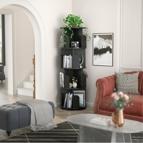 Homieasy Rotating Bookshelf, 360 Display Corner Bookshelf for Small Space, 4 Tier Floor Standing Bookcase Storage Rack, Wood Narrow Book Shelf Organizer for Bedroom, Living Room, Study Room, Black