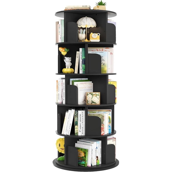 Homieasy Rotating Bookshelf, 360 Display Wood Spinning Bookshelf Tower, 5 Tier Floor Standing Bookcase Storage Rack, Revolving Bookcase Corner Bookshelf for Small Space, Black