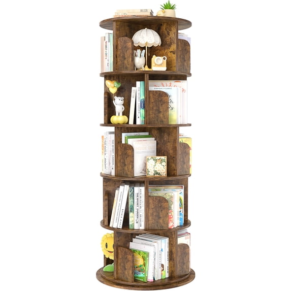 Homieasy Rotating Bookshelf, 360 Display Wood Spinning Bookshelf Tower, 5 Tier Floor Standing Bookcase Storage Rack, Revolving Bookcase Corner Bookshelf for Small Space, Rustic Brown