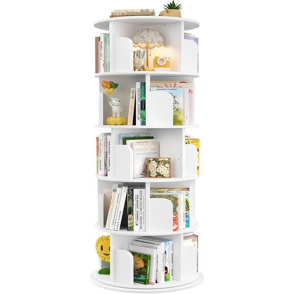 Homieasy Rotating Bookshelf, 360 Display Wood Spinning Bookshelf Tower, 5 Tier Floor Standing Bookcase Storage Rack, Revolving Bookcase Corner Bookshelf for Small Space, White