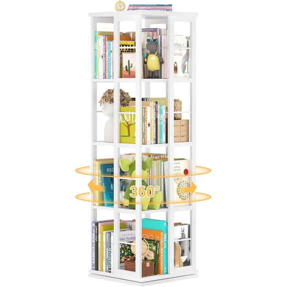 Homieasy Rotating Bookshelf, Corner Bookshelf, 360 Display Wood Spinning Bookshelf, Floor Standing Bookcase Narrow Shelf Revolving Organizer Storage Rack for Small Space, White