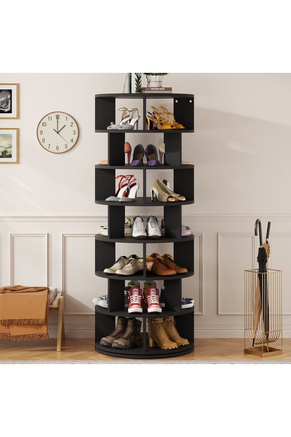 Rotating Shoe Rack Tower, 7-Tier Spinning Shoe Rack 360 Revolving Shoe Rack Organizer for Closet, Display Round Storage Carousel Shoes Closet Organization, Black