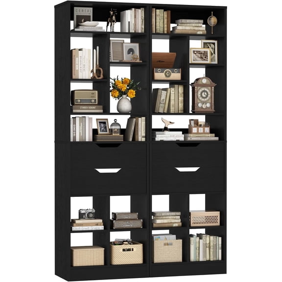 Homieasy Set of 2 9-Tier Tall Narrow Bookshelves with 4 Drawers, 80" Freestanding Wood Storage Bookcase, Space-Saving Display Shelving for Small Spaces, Living Room, Home Office, Bedroom,Black