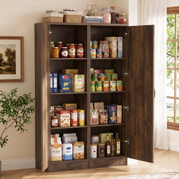 Homieasy Set of 2 Narrow Freestanding Pantry Storage Cabinets with Adjustable Shelves & Reversible Barn Doors - Farmhouse Style for Kitchen, Bathroom & Utility Room,Walnut