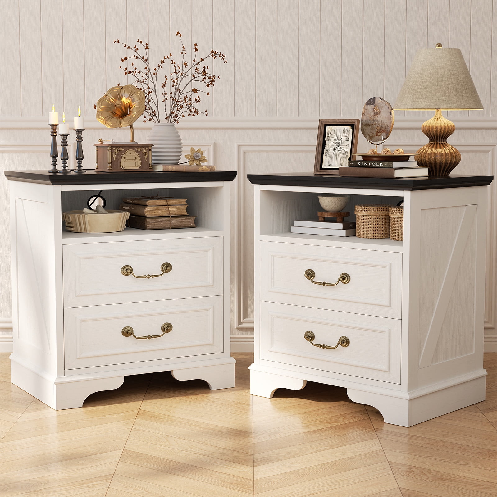 Homieasy Set of 2 Nightstands with Charging Station, Farmhouse Rustic Bedside Tables with USB-C Ports, AC Outlets, Drawers & Open Shelf for Bedroom, Living Room,Rustic White