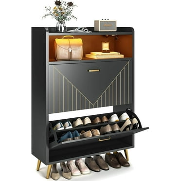 Homieasy Shoe Cabinet with Flip Doors, Shoes Storage Organizer with Motion Sensor Led Light, Entryway Wood Freestanding Tipping Bucket Shoe Rack with Open Shelves for Closet, Living Room, Black