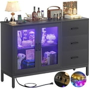 Homieasy Sideboard Buffet Cabinet with 3 Wood Drawers, Storage Cabinet with Power Outlet, Coffee Bar Cabinet with LED Light, Modern Cabinet Console Table for Kitchen Dining Room, Black