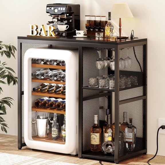 Homieasy Small Bar Cabinet with Mini Fridge Space, Coffee Bar Microwave Stand with Power Outlet, Bar Stand with Glass Holder for Kitchen, Dining, Black