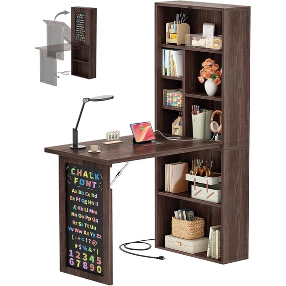 Homieasy Small Folding Desk with Outlets, Convertible Writing Desk for Small Spaces, Multi-Function Desk Workstation with Blackboard, Fold-Out Cabinet Table, Black Walnut