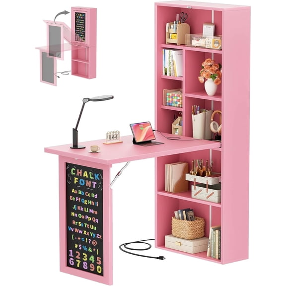 Homieasy Small Folding Desk with Outlets, Convertible Writing Desk for Small Spaces, Multi-Function Desk Workstation with Blackboard, Fold-Out Cabinet Table, Pink