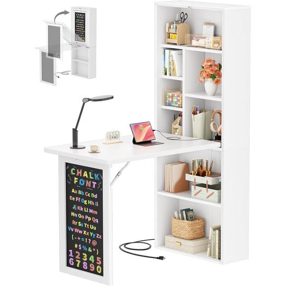 Homieasy Small Folding Desk with Outlets, Convertible Writing Desk for Small Spaces, Multi-Function Desk Workstation with Blackboard, Fold-Out Cabinet Table, White