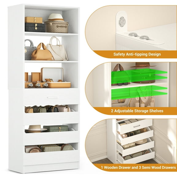 Homieasy Space-Saving Modular Closet Organizer System with 4 Drawers & Adjustable Shelves - Wood Storage Cabinet for Bedroom/Entryway, Easy Assembly Tall Wardrobe Unit in White Finish