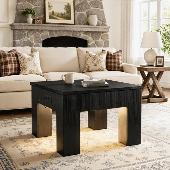 Homieasy Square Coffee Table with Charging Station and LED Lights, Black