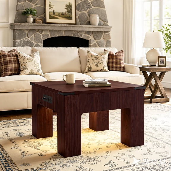 Homieasy 31.5'' Square Coffee Table with Charging Station and LED Lights, Walnut
