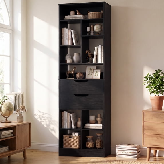 Homieasy Tall Closet Organizer with 2 Drawers, 79.7" Narrow Freestanding Storage Cabinet, Space-Saving Wood Garment Organizer for Bedroom, Entryway,Black