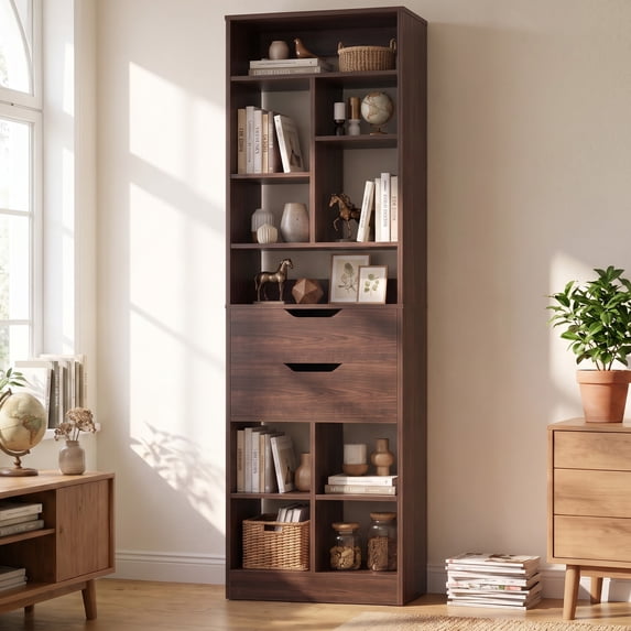 Homieasy Tall Closet Organizer with 2 Drawers, 79.7" Narrow Freestanding Storage Cabinet, Space-Saving Wood Garment Organizer for Bedroom, Entryway,Walnut