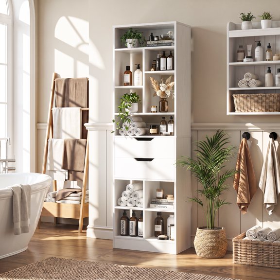 Homieasy Tall Closet Organizer with 2 Drawers, 79.7" Narrow Freestanding Storage Cabinet, Space-Saving Wood Garment Organizer for Bedroom, Entryway,White