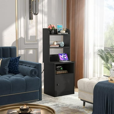 Homieasy Tall Nightstand with Charging Station and LED Lights - 47" Tall Bedside Table with Adjustable Bookshelf, Industrial End Table Side Table with Storage Cabinet for Home Office, Black