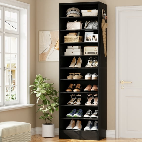 Homieasy Tall Shoe Cabinet, 10 Tiers Narrow Wood Shoe Rack, Shoe Storage Organizer with Open Storage, Vertical Shoe Shelf Tower for 20-22 Pairs, Space Saving, for Closet, Entryway, Bedroom, Black