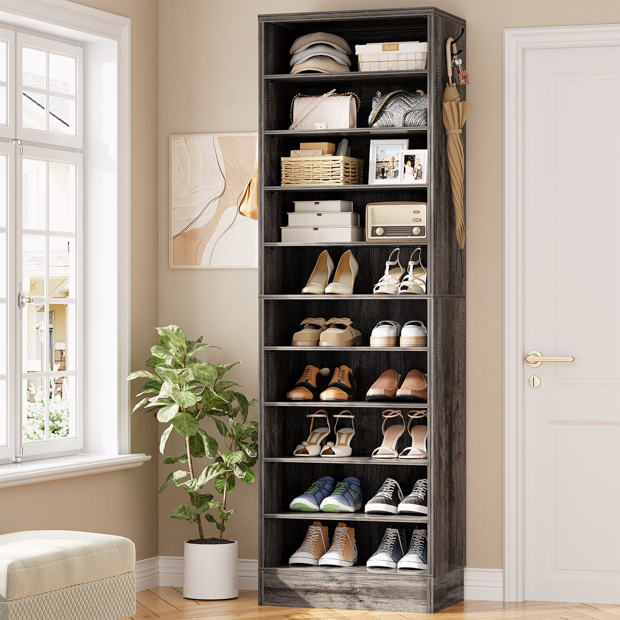 Homieasy Tall Shoe Cabinet, 10 Tiers Narrow Wood Shoe Rack, Shoe Storage Organizer with Open Storage, Vertical Shoe Shelf Tower for 20-22 Pairs, Space Saving, for Closet, Entryway, Bedroom, Black Oak