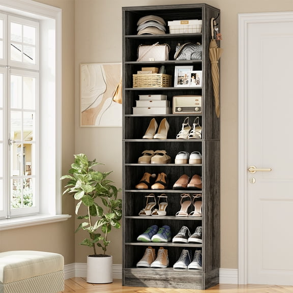Homieasy Tall Shoe Cabinet, 10 Tiers Narrow Wood Shoe Rack, Shoe Storage Organizer with Open Storage, Vertical Shoe Shelf Tower for 20-22 Pairs, Space Saving, for Closet, Entryway, Bedroom, Black Oak