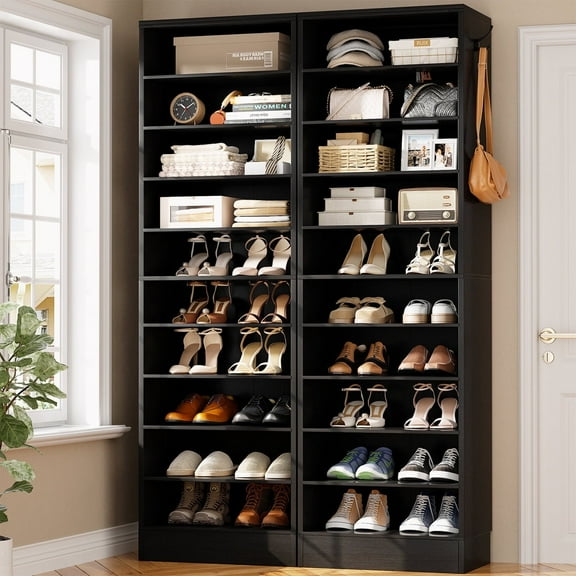 Homieasy Tall Shoe Cabinet, 10 Tiers Narrow Wood Shoe Rack, Shoe Storage Organizer with Open Storage, Vertical Shoe Shelf Tower for 40-44 Pairs, Space Saving, Set of 2, Black