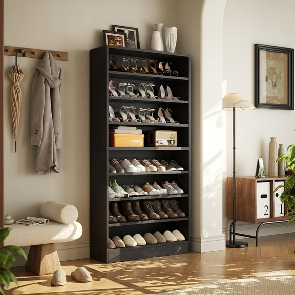 Homieasy Tall Shoe Cabinet, 9-Tier Wood Shoe Storage Organizer, Freestanding Shoe Storage Cabinet with Large Capacity, Vertical Space Saving Shoe Rack, Black
