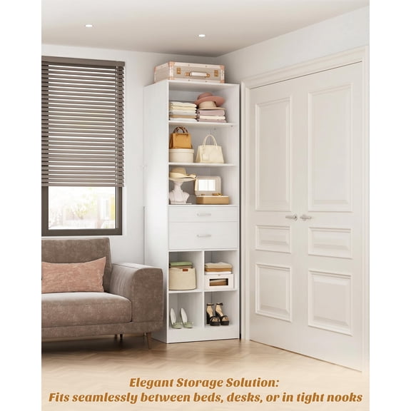 Homieasy Tall Vertical Closet System, 18.9" Width Freestanding Wardrobe Storage Unit with Adjustable Shelves & Smooth-Glide Drawers, White