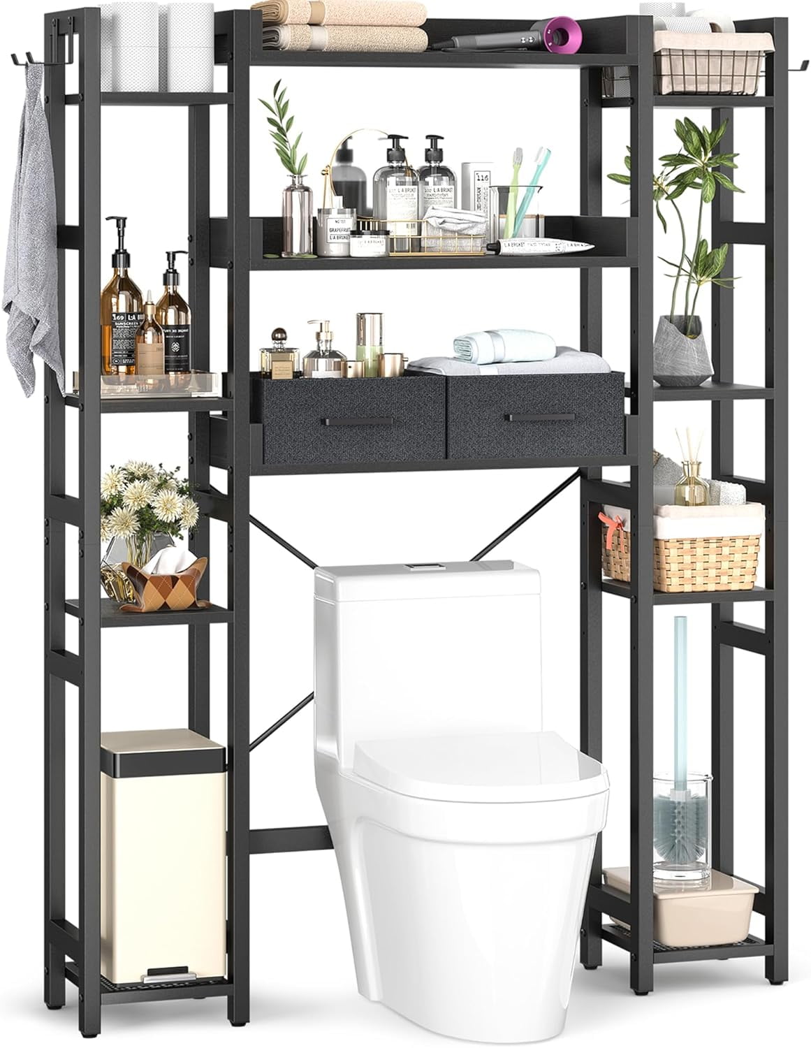 Homieasy Over The Toilet Storage with Drawers, 7-Tier Bathroom Organizer Freestanding Space Saver Storage Rack with 11 Shelves, Above Toilet Stand with 4 Hooks for Restroom, Laundry, Black