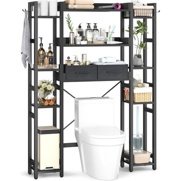 Homieasy Over The Toilet Storage with Drawers, 7-Tier Bathroom Organizer Freestanding Space Saver Storage Rack with 11 Shelves, Above Toilet Stand with 4 Hooks for Restroom, Laundry, Black