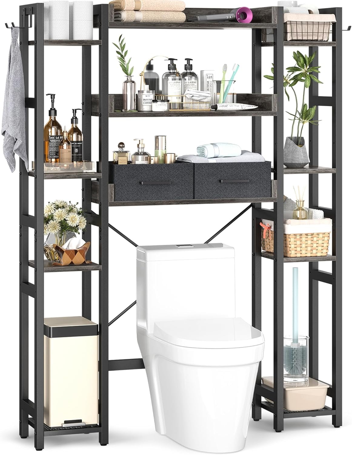 Homieasy Over The Toilet Storage with Drawers, 7-Tier Bathroom Organizer Freestanding Space Saver Storage Rack with 11 Shelves, Above Toilet Stand with 4 Hooks for Restroom, Laundry, Black Oak