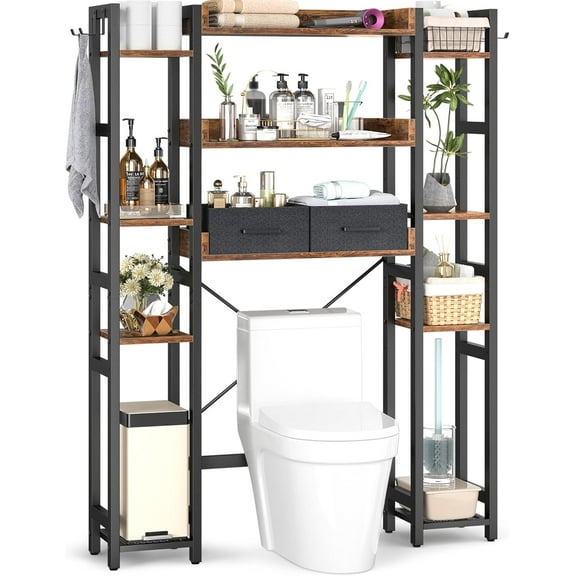 Homieasy Over The Toilet Storage with Drawers, 7-Tier Bathroom Organizer Freestanding Space Saver Storage Rack with 11 Shelves, Above Toilet Stand with 4 Hooks for Restroom, Laundry, Rustic Brown