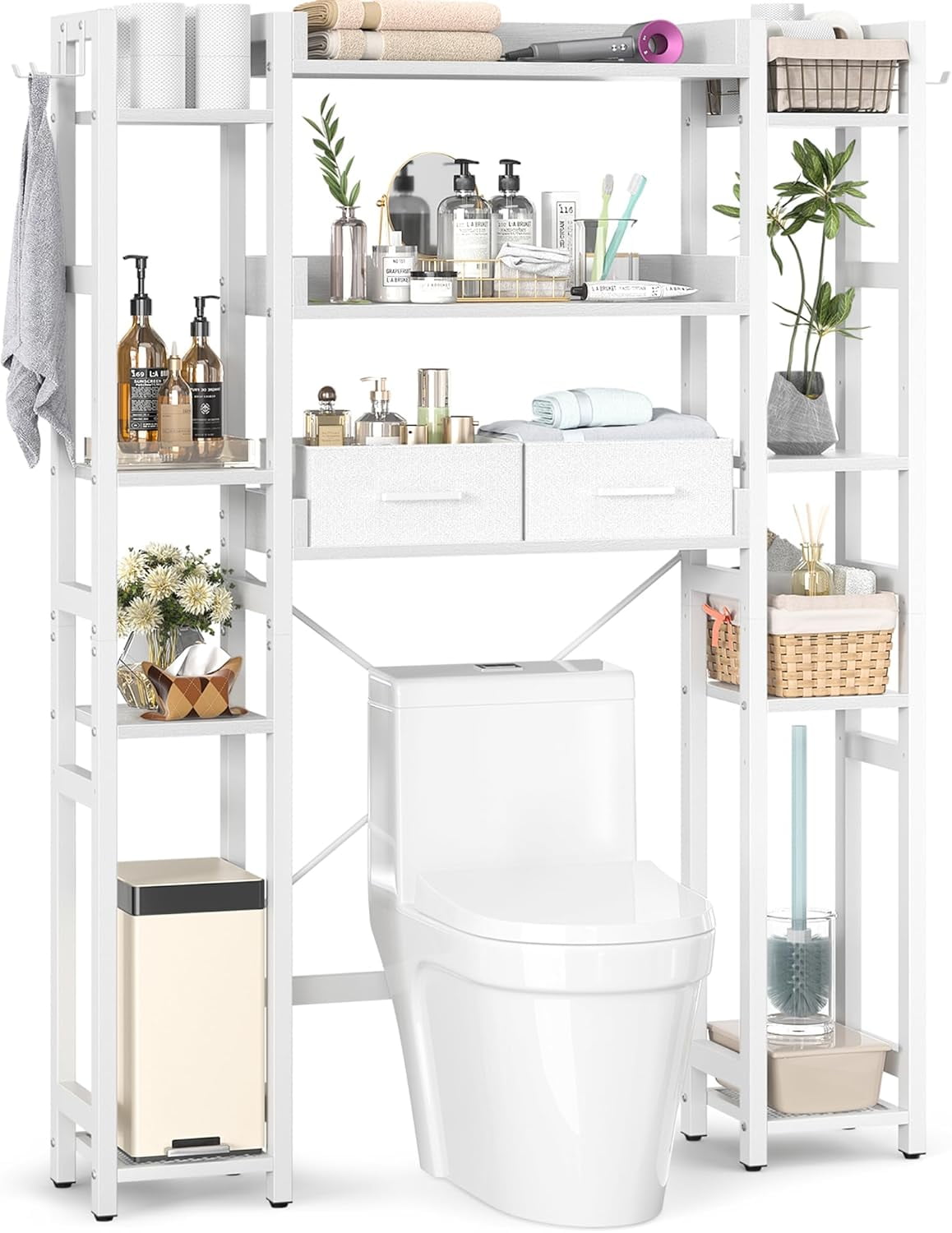 Homieasy Over The Toilet Storage with Drawers, 7-Tier Bathroom Organizer Freestanding Space Saver Storage Rack with 11 Shelves, Above Toilet Stand with 4 Hooks for Restroom, Laundry, White