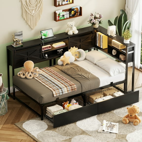 Homieasy Twin Daybed Frame with Storage Headboard, Corner Bed Frame with Outlets & LED Light, Metal Platform Beds with 2 Drawers, Day Bed for Living Room, Bedroom, Black