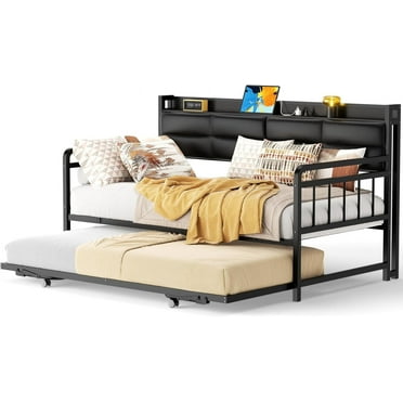 Homieasy Twin Daybed with Trundle, Twin to King Size Day Bed with Power Outlets & Upholstered Headboard, Metal Sofa Bed for Living Room, Bedroom, Guest Room, Black