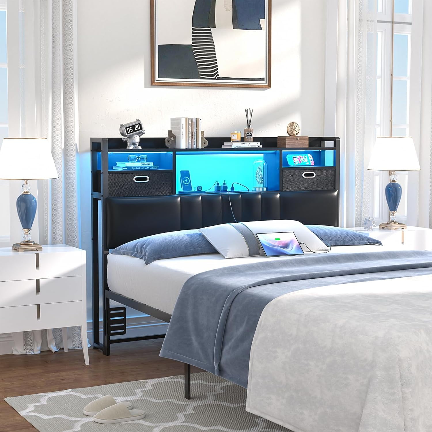 Homieasy Twin Headboard with Drawer Storage and RGB LED Light, Twin Size Upholstered Headboard with Charging Station and Bookcase, for Bedroom/Dorm Room/Guest Room, Black
