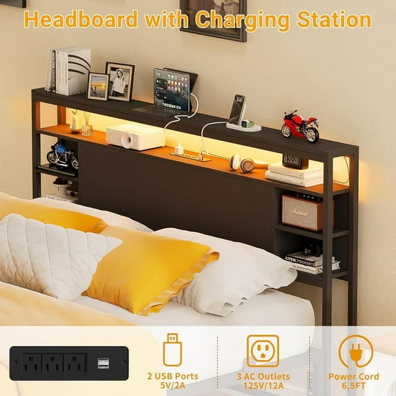 Homieasy Twin Size Bed Frame with Storage Headboard, Power Socket and Smart LED Lights, Sturdy and Stable Platform Bed, Heavy Duty Metal Slats, Noise Free, Easy to Assemble, Black