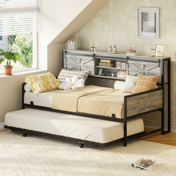 Homieasy Twin Size Daybed with Trundle, Daybed with Charging Station & Storage Headboard, Heavy Duty Metal Sofa Bed Frame with Pop-up Trundle for Living Room, Bedroom and Guest Room,White Oak