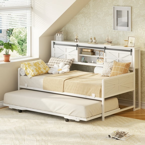 Homieasy Twin Size Daybed with Trundle, Daybed with Charging Station & Storage Headboard, Heavy Duty Metal Sofa Bed Frame with Pop-up Trundle for Living Room, Bedroom and Guest Room,White