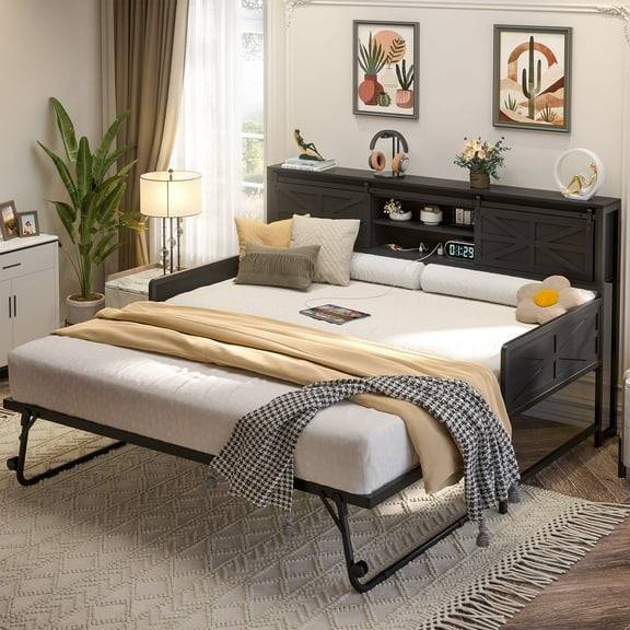 Homieasy Twin Size Daybed with Trundle, Daybed with Charging Station & Storage Headboard, Heavy Duty Metal Sofa Bed Frame with Pop-up Trundle for Living Room, Bedroom and Guest Room,Black
