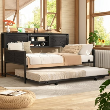 Homieasy Twin Size Daybed with Trundle, Daybed with Charging Station & Storage Headboard, Heavy Duty Metal Sofa Bed Frame with Pop-up Trundle for Living Room, Bedroom and Guest Room,Black