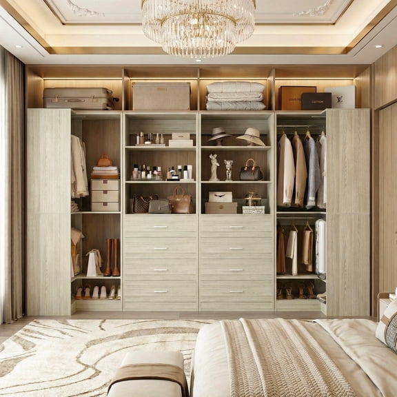 Homieasy U-Shaped Closet Organizer System, 104'' Wide Wardrobe Closet with 8 Drawers, 4 Hanging Rods, and 13 Storage Shelves, Large Closet System for Walk-in Closet, White Oak